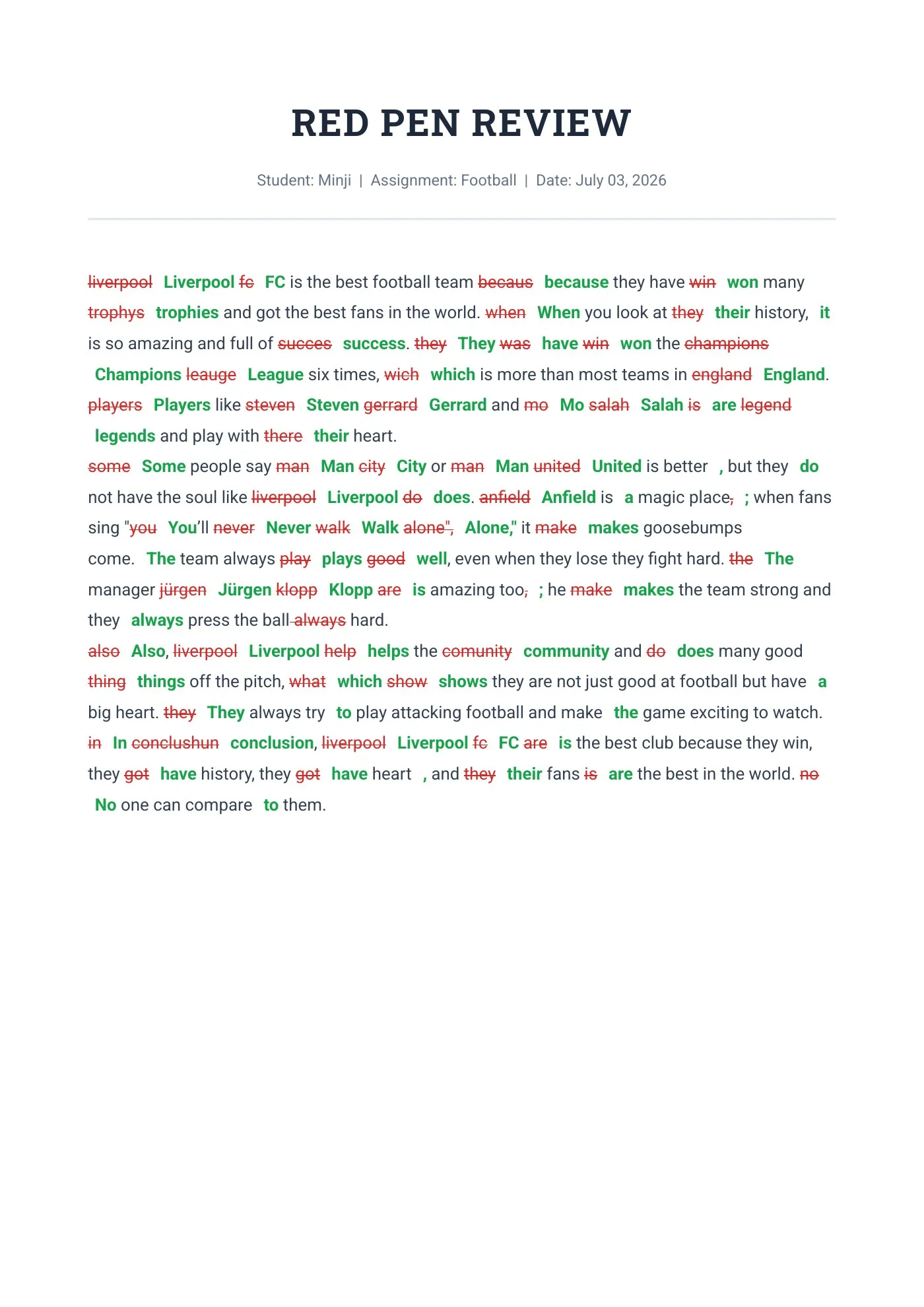 Writing sample report, page 1. Open to inspect the full-size original report.
